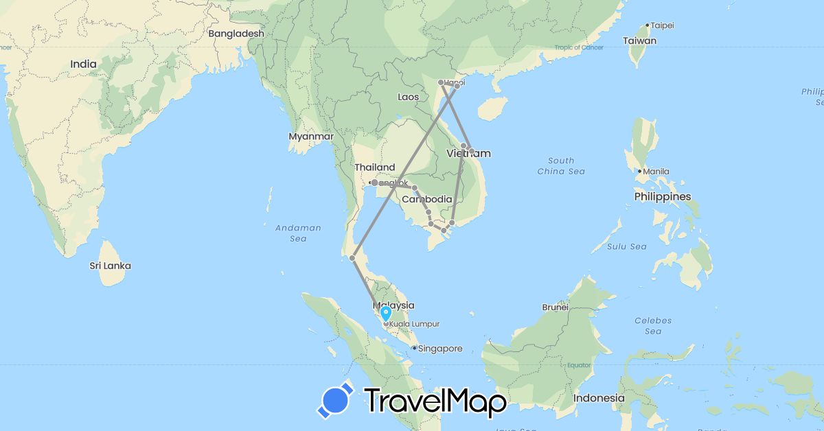 TravelMap itinerary: driving, plane, boat in Cambodia, Malaysia, Thailand, Vietnam (Asia)